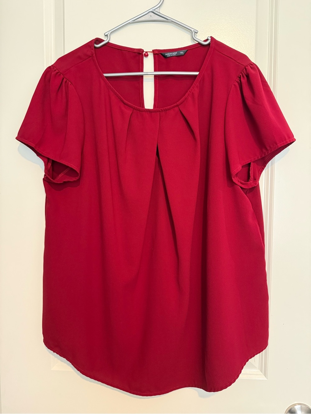 SHEIN Red Short Flutter Sleeve Pleated Blouse